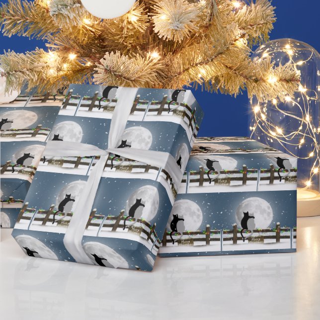 Papier Cadeau Chats de Noël sur une clôture hivernale (Vacances)