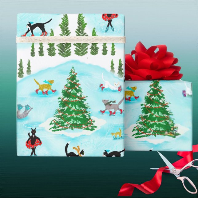 Papier Cadeau Chats de patinage sur glace mignonnes et Écharpes  (Cute Cats ice skate in winter wonderland fantasy cat Christmas wrap. )
