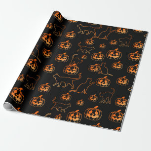 Papier Cadeau Chats d'Halloween noirs et Motif Jack-o-Lantern