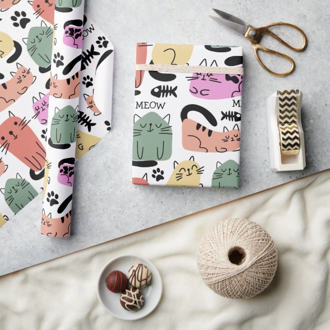 Papier Cadeau Chats Doodles Et Empreintes de pattes (Artisanat)