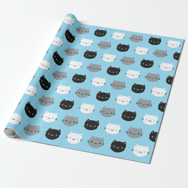 Papier Cadeau Chats et chatons mignons de Kawaii (bleus) (Déroulé)