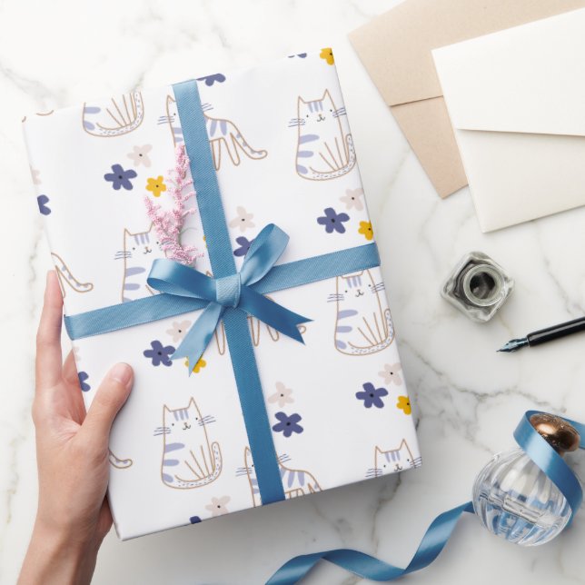 Papier Cadeau Chats et fleurs en blanc (Cadeaux)