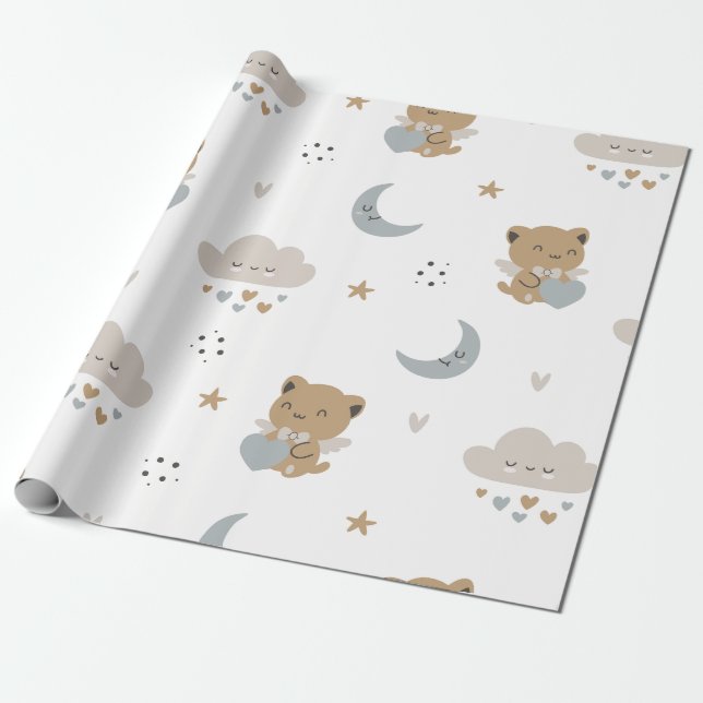 Papier Cadeau Chats et nuages d'ange Kawaii (1) (Déroulé)