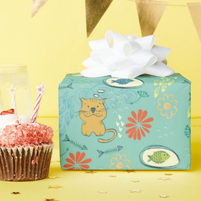 Papier Cadeau Chats et poissons drôles (Fête d'anniversaire)