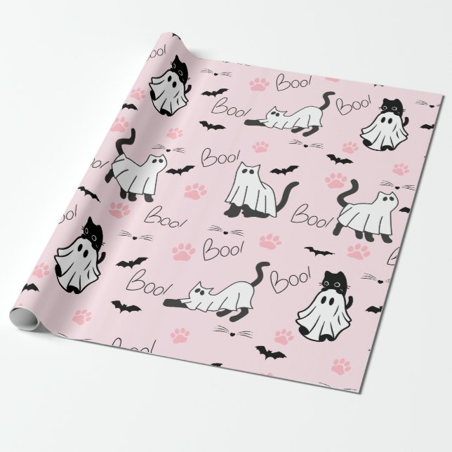 Papier Cadeau Chats fantômes mignons Halloween (Déroulé)