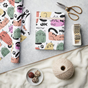 Papier Cadeau Chats gribouillés mignons et empreintes de pattes