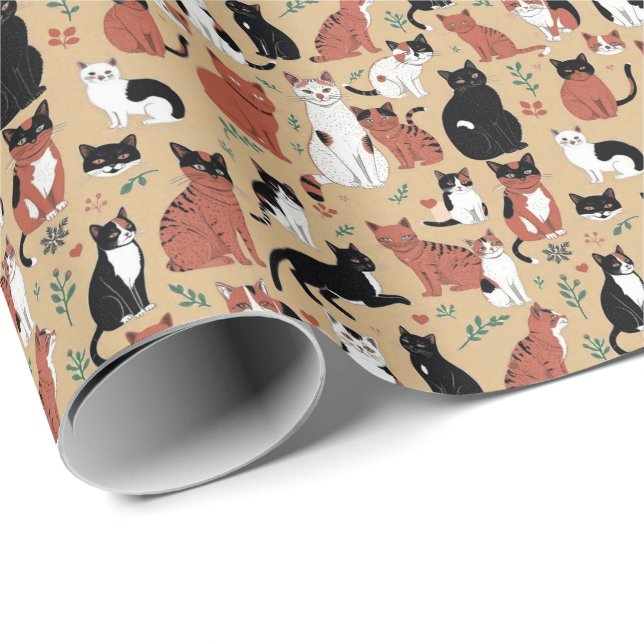 Papier Cadeau Chats joueurs sur fond beige (Coin rond)