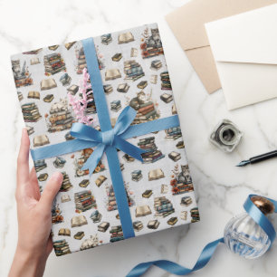 Papier Cadeau Chats & Livres sur Gris Clair