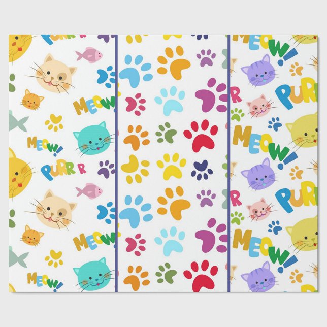 Papier Cadeau Chats Meow (A vibrant and playful cartoon pattern featuring an array of colorful cat faces, paw prints.)
