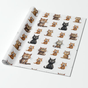 Papier Cadeau Chats mignonnes Mad Noir, Orange et Gris
