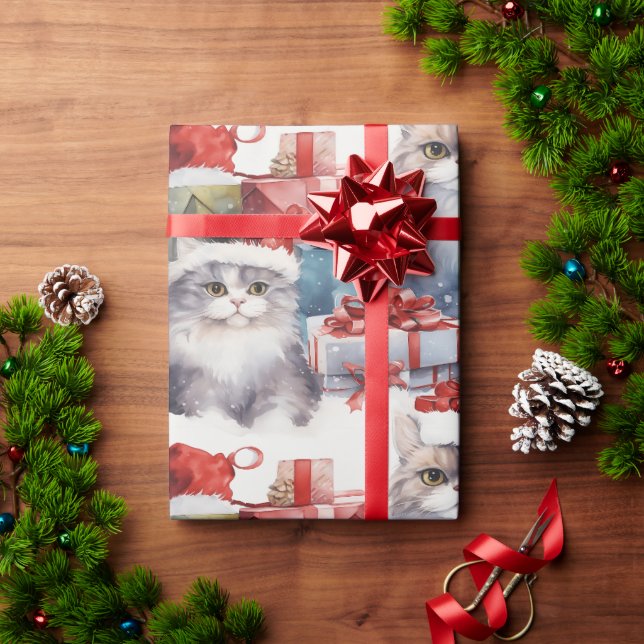 Papier Cadeau Chats mignons en chapeaux de Santa avec cadeaux (Cadeau de vacances)
