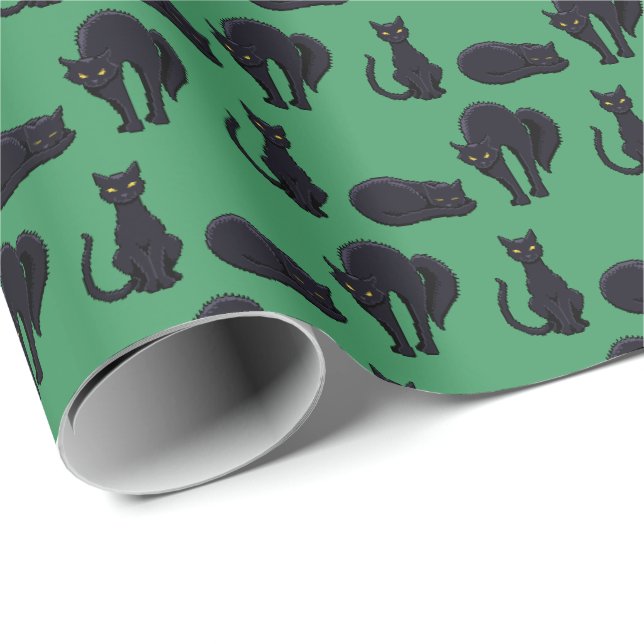 Papier Cadeau Chats Noirs Blocs Halloween Pixel Art Motif (Coin rond)