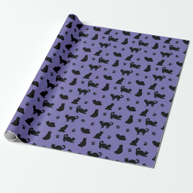 Papier Cadeau Chats noirs Empreintes de pattes pourpres (Déroulé)