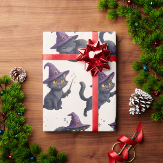 Papier Cadeau Chats noirs ensorcelants motif Halloween violet