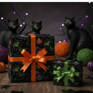 Papier Cadeau Chats noirs et Halloween en fer à la carreaux