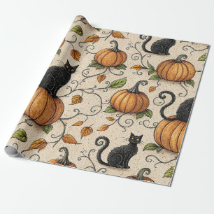 Papier Cadeau Chats noirs et Motif Citrouille d'Halloween
