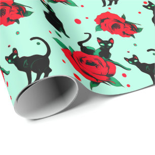 Papier Cadeau Chats noirs mignons amusants Motif Roses rouges