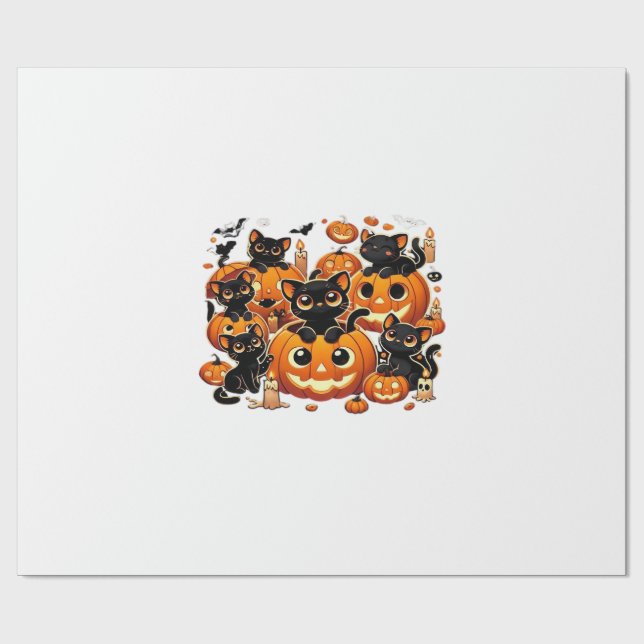Papier Cadeau Chats noirs mignons dans des citrouilles Artwork d (Plat)