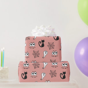 Papier Cadeau Chats noirs Toiles d'araignées et fantômes roses H