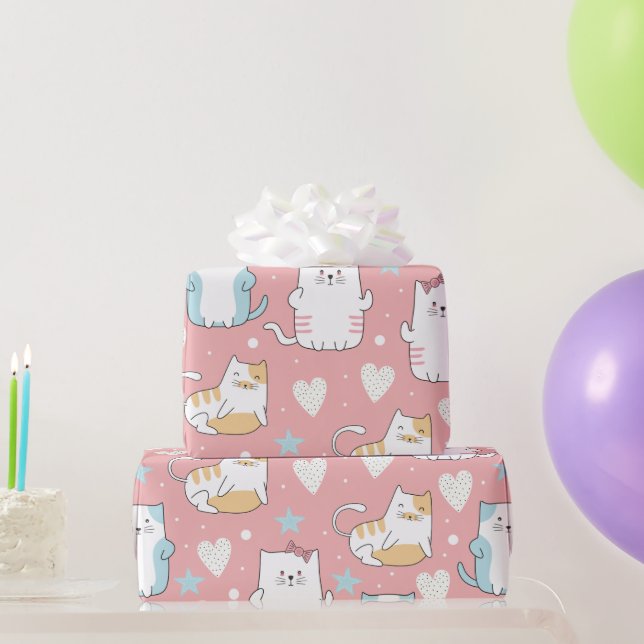 Papier Cadeau chats potelés en bleu pastel, blanc et rose (Cadeaux de fête)