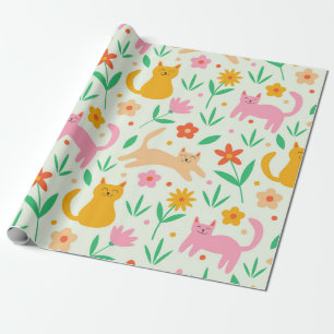 Papier Cadeau Chats rétro heureux avec des fleurs orange rouge e