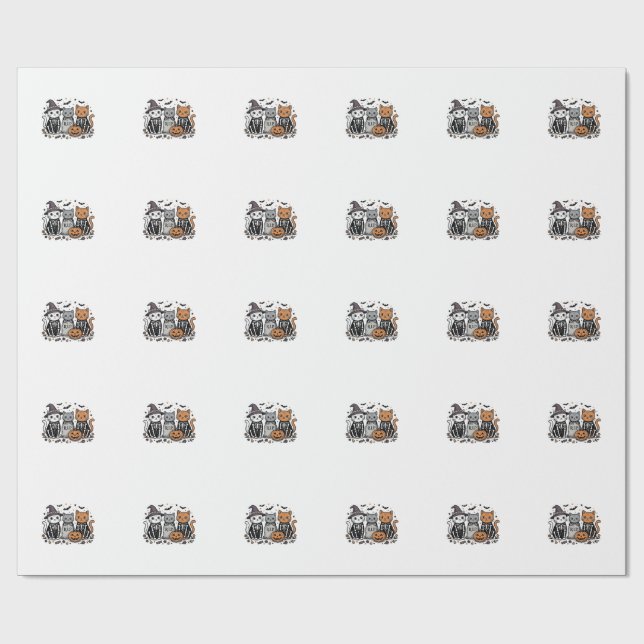 Papier Cadeau Chats squelette mignons gravure vintage Halloween  (Plat)