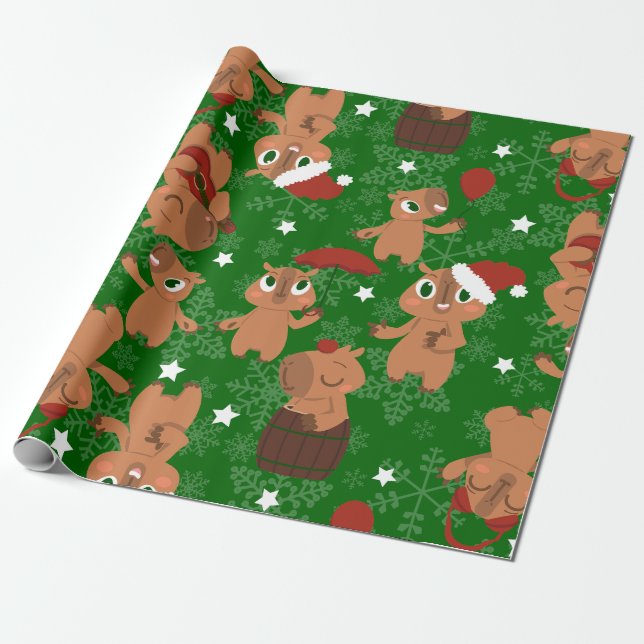 Papier Cadeau chatte chatte de Noël père Noël flocons de neige (Déroulé)