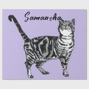 Papier Cadeau Chatte tigrée noire et blanche Nom Violet