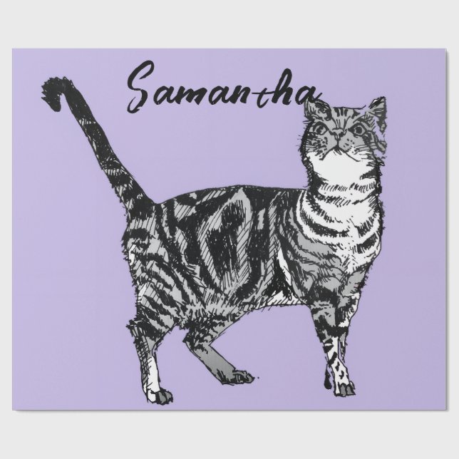 Papier Cadeau Chatte tigrée noire et blanche Nom Violet  (Plat)