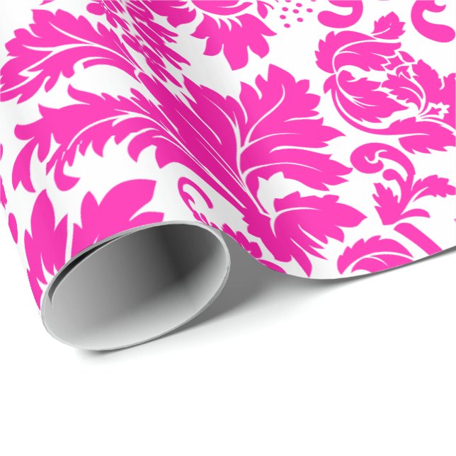 Papier Cadeau Chaud rose floral Damask (Coin rond)