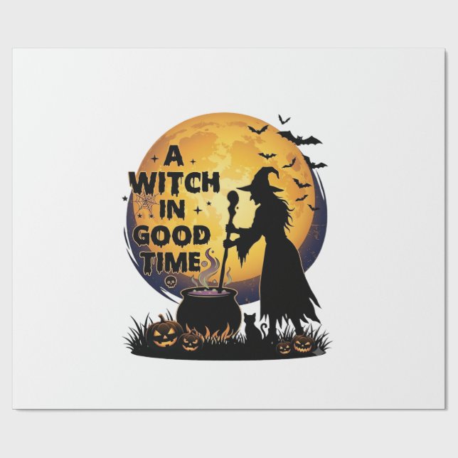 Papier Cadeau Chaudron de lune d'Halloween de bonne sorcière_1 (Plat)