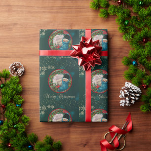 Papier Cadeau Chaussette de Noël vintage enfant, flocons de neig