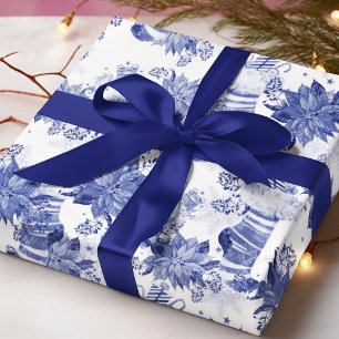 Papier Cadeau Chaussettes de Noël Mitaines Florales Bleu Blanc