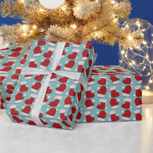 Papier Cadeau Chaussettes de Noël Mitaines Rouge Blanc Bleu