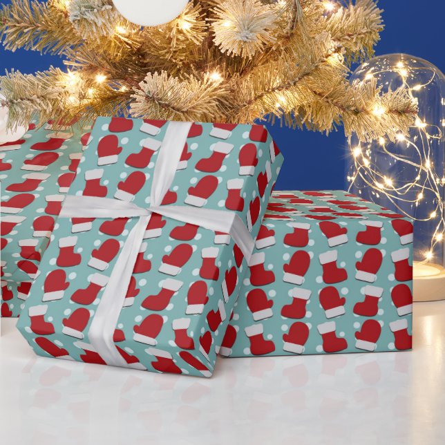 Papier Cadeau Chaussettes de Noël Mitaines Rouge Blanc Bleu  (Vacances)