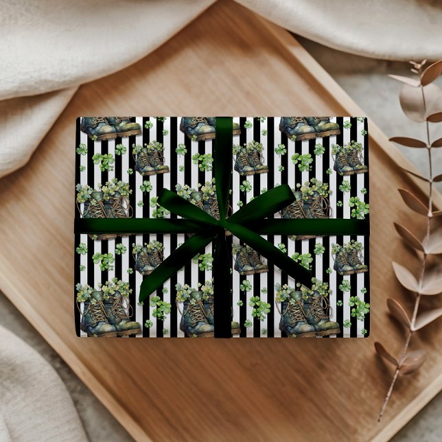 Papier Cadeau Chaussures Shamrock Classiques Rayures Noir Blanc (Créateur téléchargé)