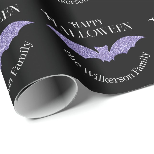 Papier Cadeau Chauve-souris Paillettes Violette Joyeux Halloween (Coin rond)