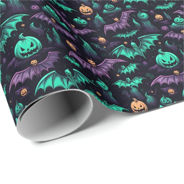 Papier Cadeau Chauves-souris Citrouilles violet vert Halloween (Coin rond)