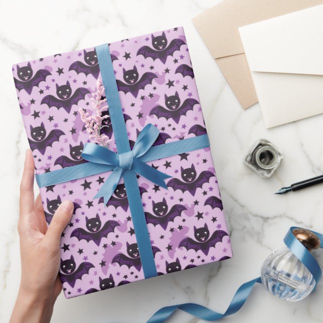 Papier Cadeau Chauves-souris Halloween mignonnes violet foncé (Cadeaux)