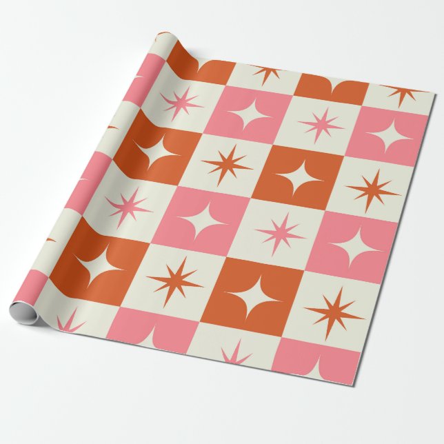 Papier Cadeau Checkered Mid Century Atomic Stars Pink Orange  (Déroulé)