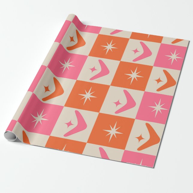 Papier Cadeau Checkered Mid Century Boomerangs pink and orange  (Déroulé)