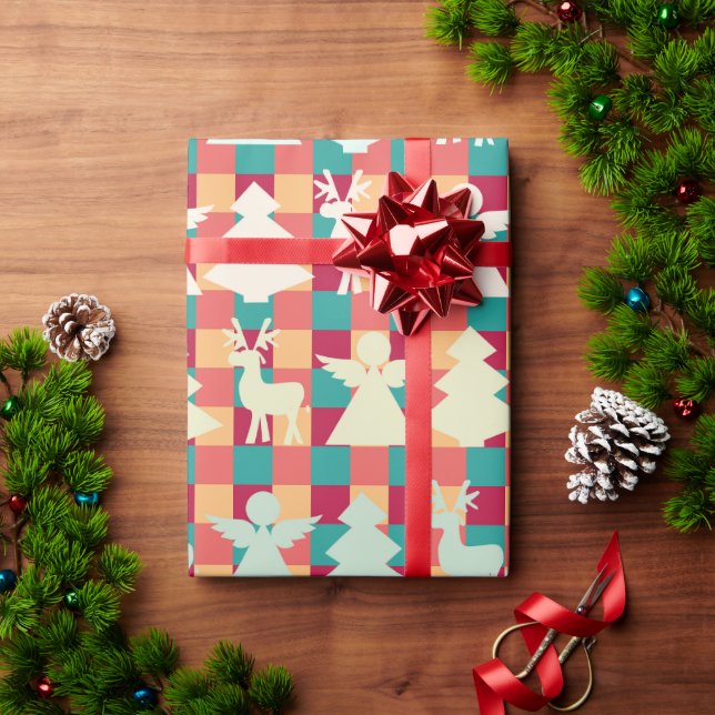 Papier Cadeau Checkered pattern with angels, reindeers and trees (Cadeau de vacances)