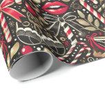 Papier Cadeau Cheeky and Elegant Adult Christmas Wrapping Paper<br><div class="desc">Add a playful and stylish touch to your holiday gifts with this cheeky adult Christmas wrapping paper. The seamless design features candy canes shaped like lips, ribbons styled as lingerie, mistletoe, and romantic silhouettes. With a chic color palette of black, red, gold, and pearl white, this wrapping paper combines sophistication...</div>