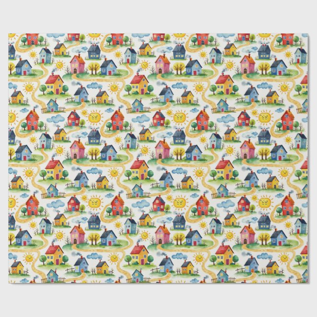 Papier Cadeau Cheerful Watercolor Realtor Houses Wrapping Paper (Plat)
