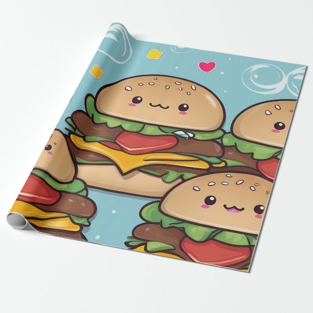 Papier Cadeau Cheeseburgers Kawaii colorés et vibrants (Déroulé)