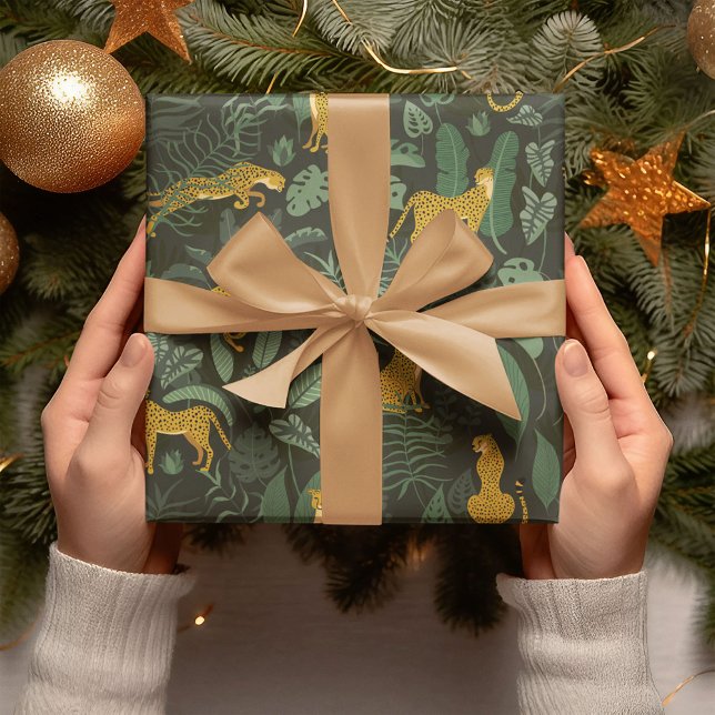Papier Cadeau Cheetahs Jaunes Plantes verts tropicaux de la Jung (Créateur téléchargé)