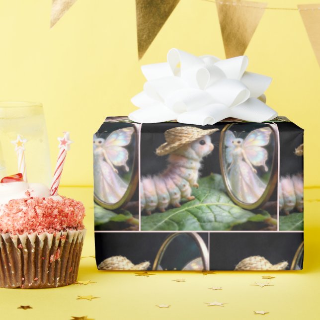 Papier Cadeau Chenille floue regardant un papillon fée (Fête d'anniversaire)