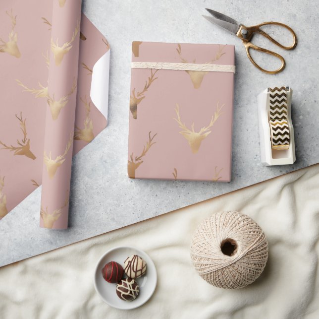Papier Cadeau Cher tête dorée blush rose vacances (Artisanat)