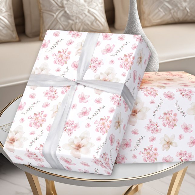 Papier Cadeau Cherry Blossom Sakura Motif rose blanc (Cherry Blossom Sakura Pattern Pink White Wrapping Paper)