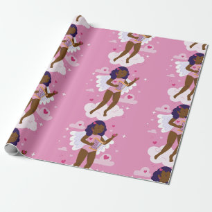 Papier Cadeau chérubin noir coeur de harpe d'ange africain nuage